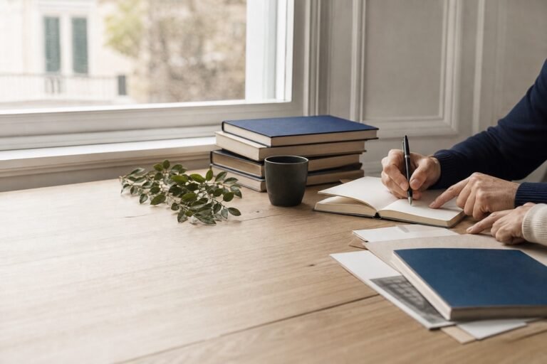 A reader working with books and research notes